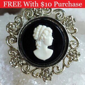 Vintage Cameo Costume Jewelry Black Cream Plastic Brooch Golden Pin RED BANNER